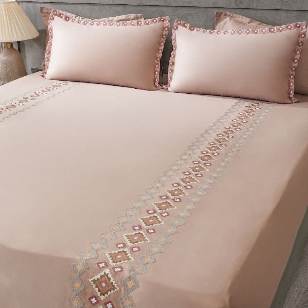 Nordic Trail Embroidered Bedsheet Set | Smoke | Designer Embroidery | 1 Bedsheet with 2 Pillow Covers | Luxury Bedroom Décor (108″x108″/274cmx274cm) view 3