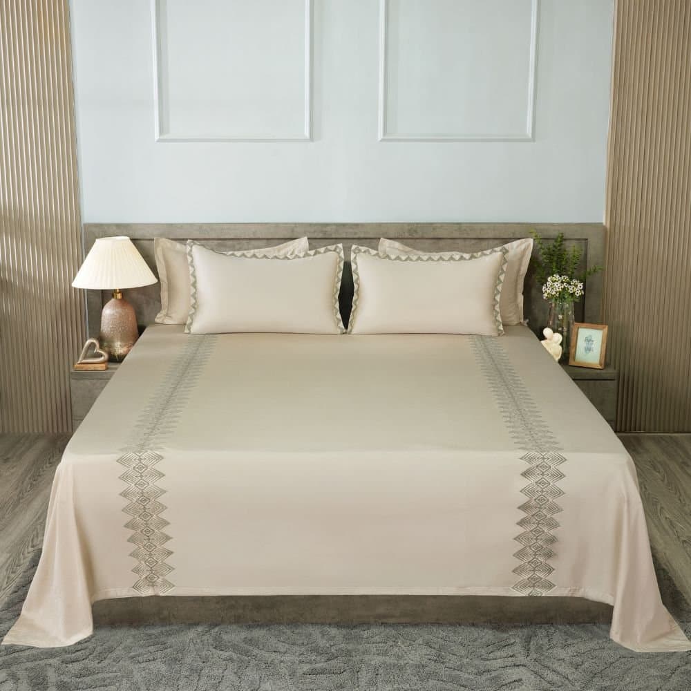 Diamond Pearl Embroidered Bedsheet Set | Soft Pearl | Designer Embroidery | 1 Bedsheet with 2 Pillow Covers | Luxury Bedroom Décor (108″x108″/274cmx274cm) (Copy) view 2