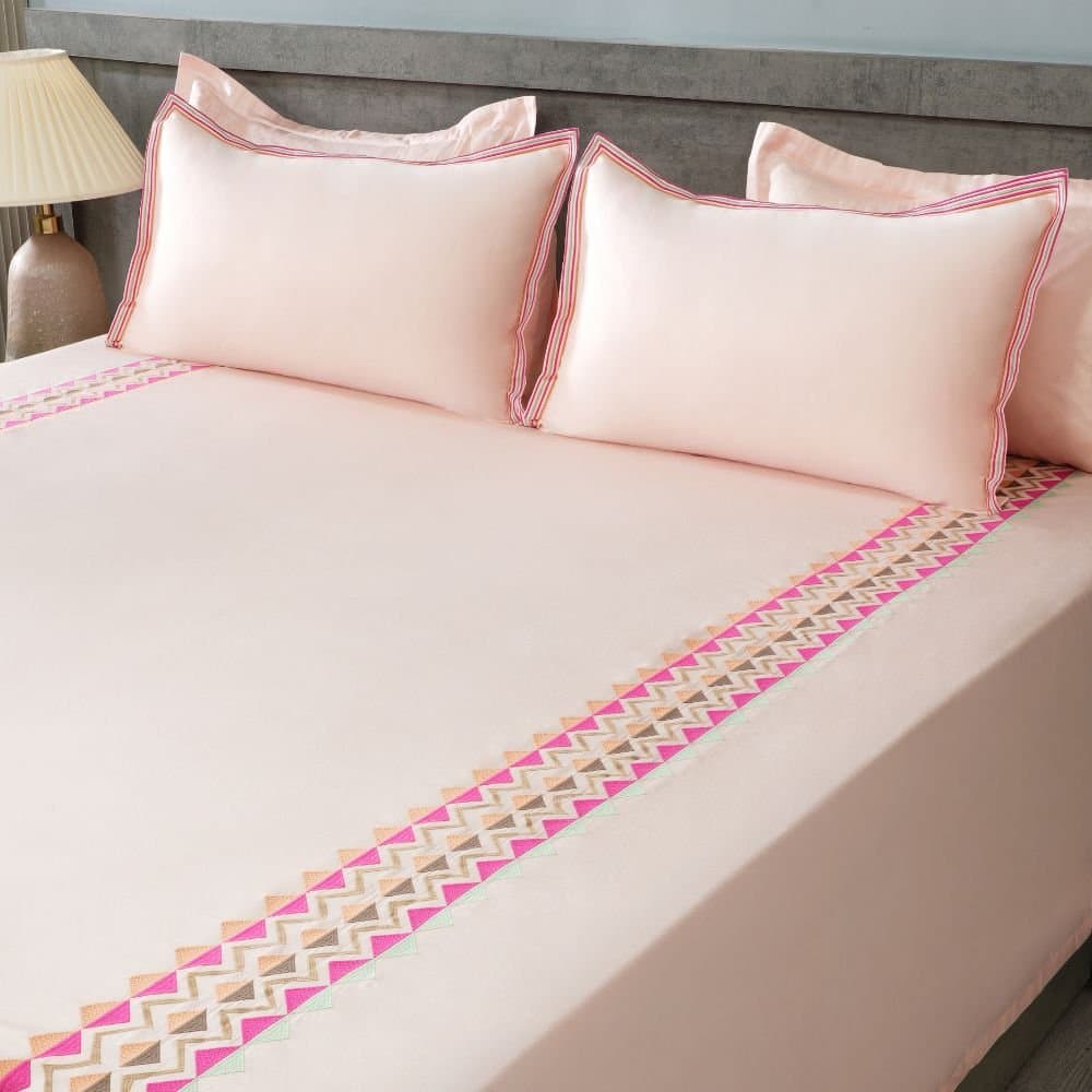 Boho Path Embroidered Bedsheet Set | Peony Blush | Designer Embroidery | 1 Bedsheet with 2 Pillow Covers | Luxury Bedroom Décor (108″x108″/274cmx274cm) view 3