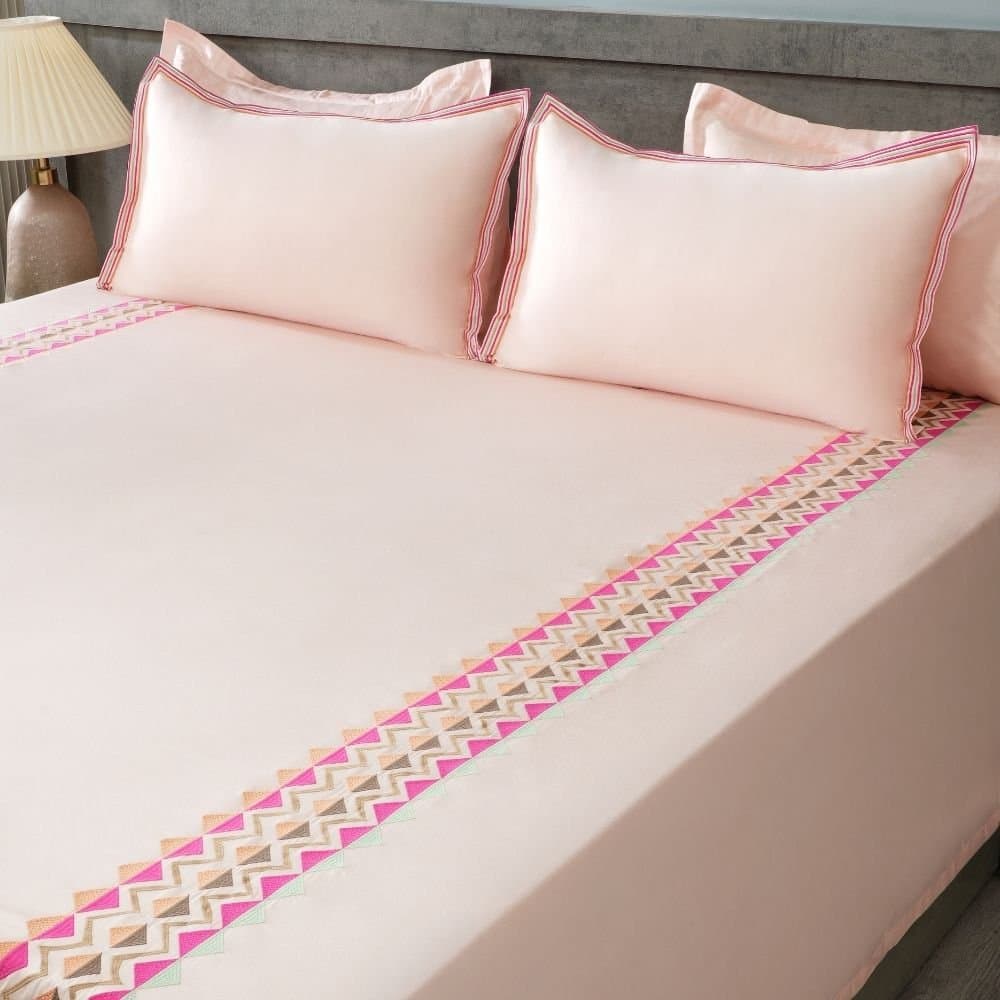 Boho Path Embroidered Bedsheet Set | Peony Blush | Designer Embroidery | 1 Bedsheet with 2 Pillow Covers | Luxury Bedroom Décor (108″x108″/274cmx274cm) view 3