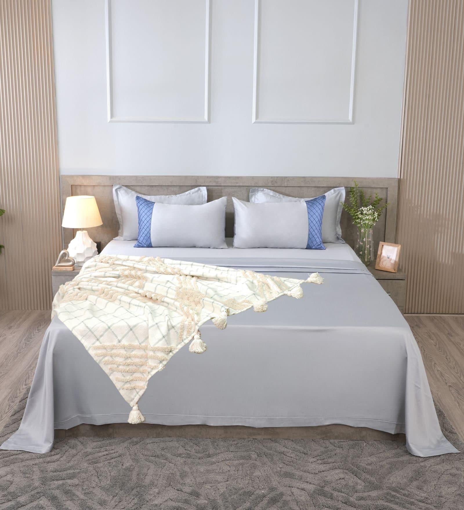 Majestic French Collection | 100% Cotton | Solids (108″x108″/274cmx274cm) | 300TC Superking Size Bedsheet with 2 Pillow Covers (Designer) | Steel Blue view 3