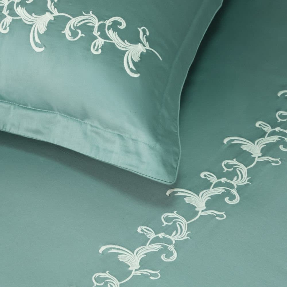 Willow Crest Embroidered Bedsheet Set | Pastel Aqua | Designer Embroidery | 1 Bedsheet with 2 Pillow Covers | Luxury Bedroom Décor (108″x108″/274cmx274cm)