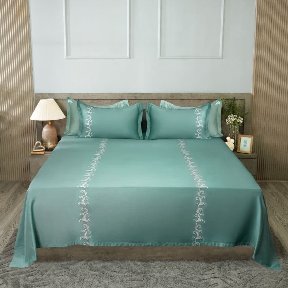 Willow Crest Embroidered Bedsheet Set | Pastel Aqua | Designer Embroidery | 1 Bedsheet with 2 Pillow Covers | Luxury Bedroom Décor (108″x108″/274cmx274cm) view 2