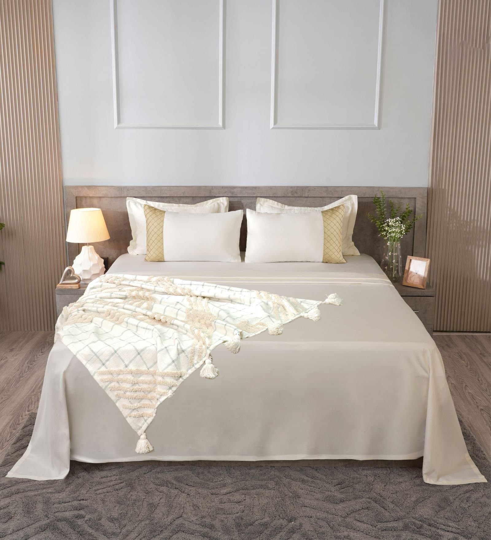 Majestic French Collection | 100% Cotton | Solids (108″x108″/274cmx274cm) | 300TC Superking Size Bedsheet with 2 Pillow Covers (Designer) | Light Cream view 3