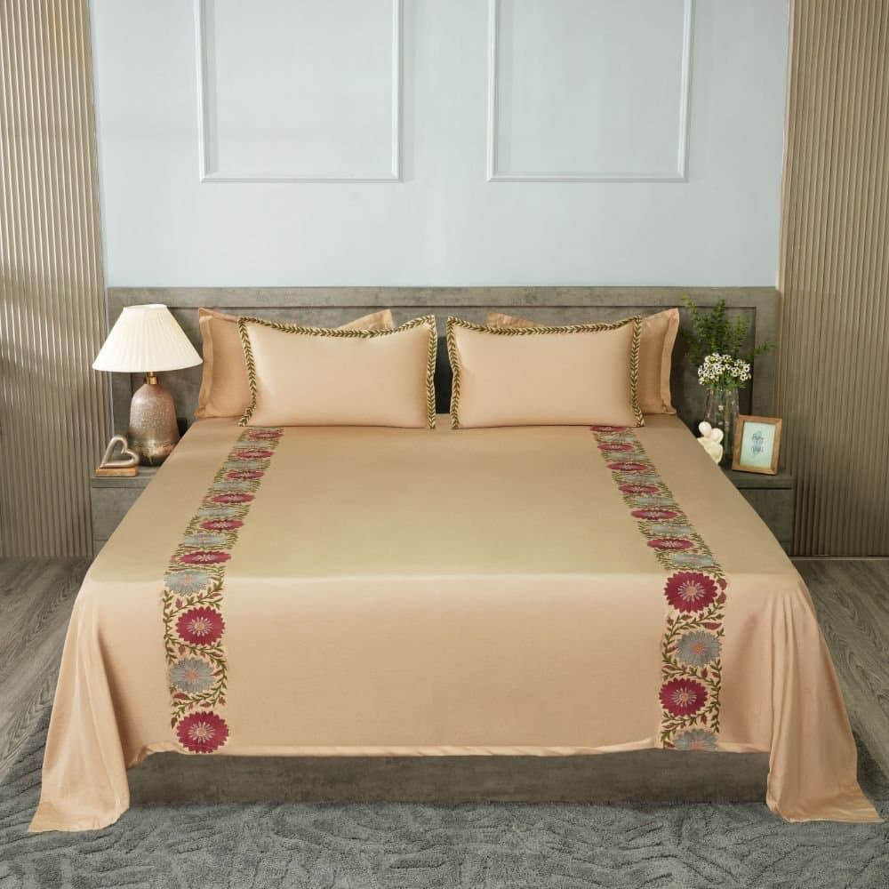 Floral Fiesta Embroidered Bedsheet Set | Cashmere Beige | Designer Embroidery | 1 Bedsheet with 2 Pillow Covers | Luxury Bedroom Décor (108″x108″/274cmx274cm) view 2