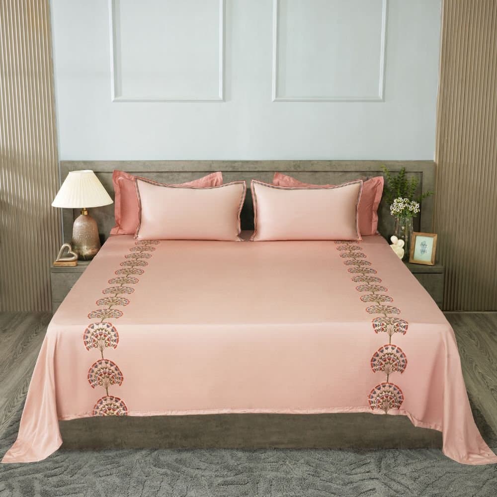 Floral Fanfare Embroidered Bedsheet Set | Chempange Rose | Designer Embroidery | 1 Bedsheet with 2 Pillow Covers | Luxury Bedroom Décor (108″x108″/274cmx274cm) view 2