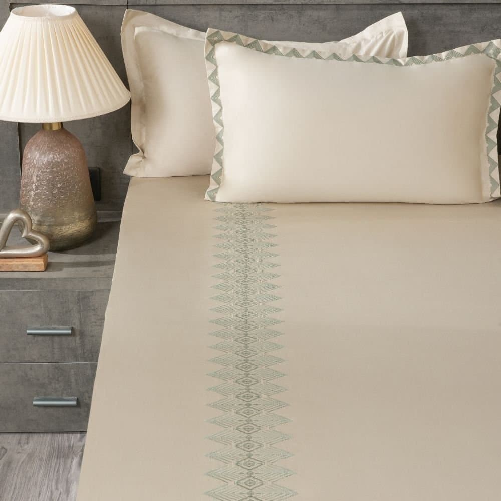 Diamond Pearl Embroidered Bedsheet Set | Soft Pearl | Designer Embroidery | 1 Bedsheet with 2 Pillow Covers | Luxury Bedroom Décor (108″x108″/274cmx274cm) view 2