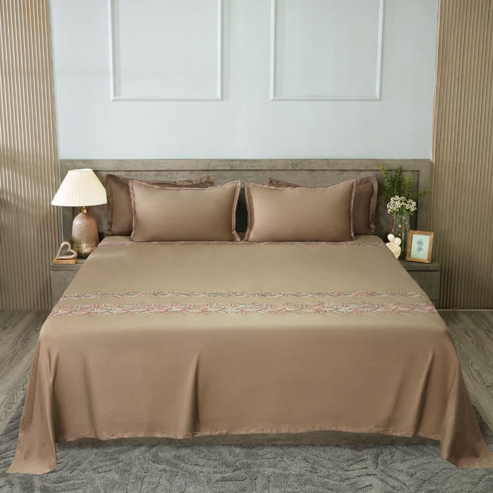 Woven Harmony Embroidered Bedsheet Set | Cashmere Beige | Designer Embroidery | 1 Bedsheet with 2 Pillow Covers | Luxury Bedroom Décor (108″x108″/274cmx274cm) (Copy) view 2