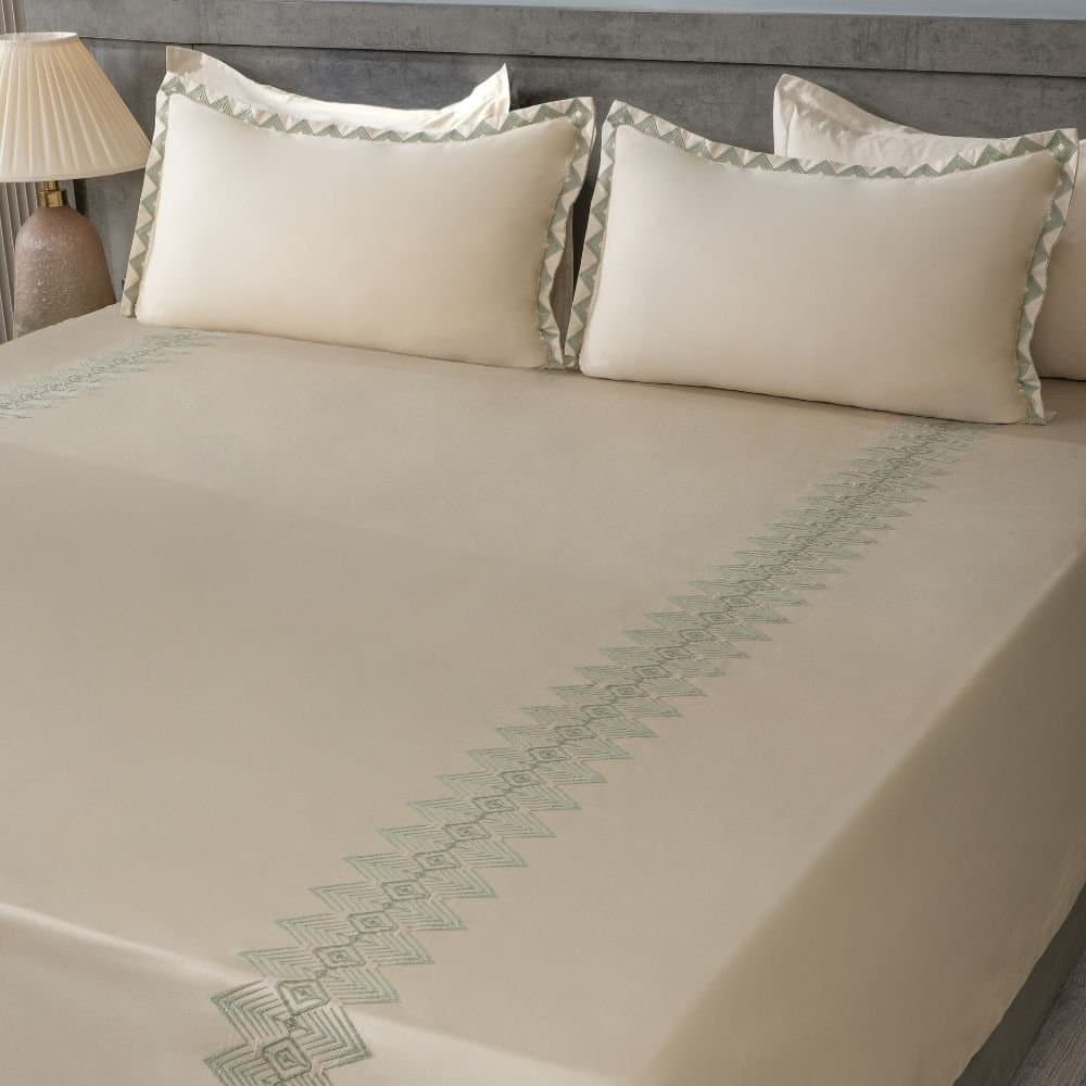 Diamond Pearl Embroidered Bedsheet Set | Soft Pearl | Designer Embroidery | 1 Bedsheet with 2 Pillow Covers | Luxury Bedroom Décor (108″x108″/274cmx274cm) view 3