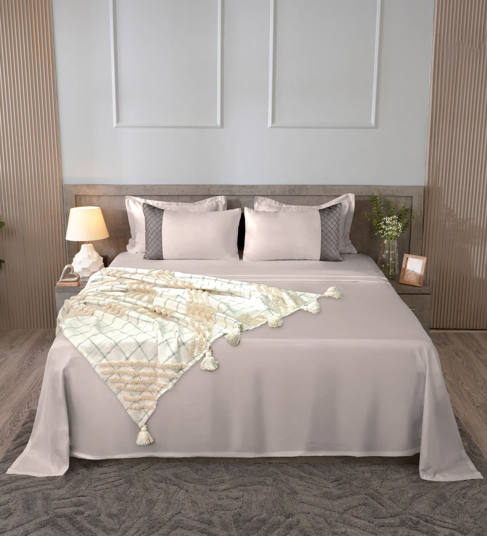 Majestic French Collection | 100% Cotton | Solids (108″x108″/274cmx274cm) | 300TC Superking Size Bedsheet with 2 Pillow Covers (Designer) | Soft Grey view 3