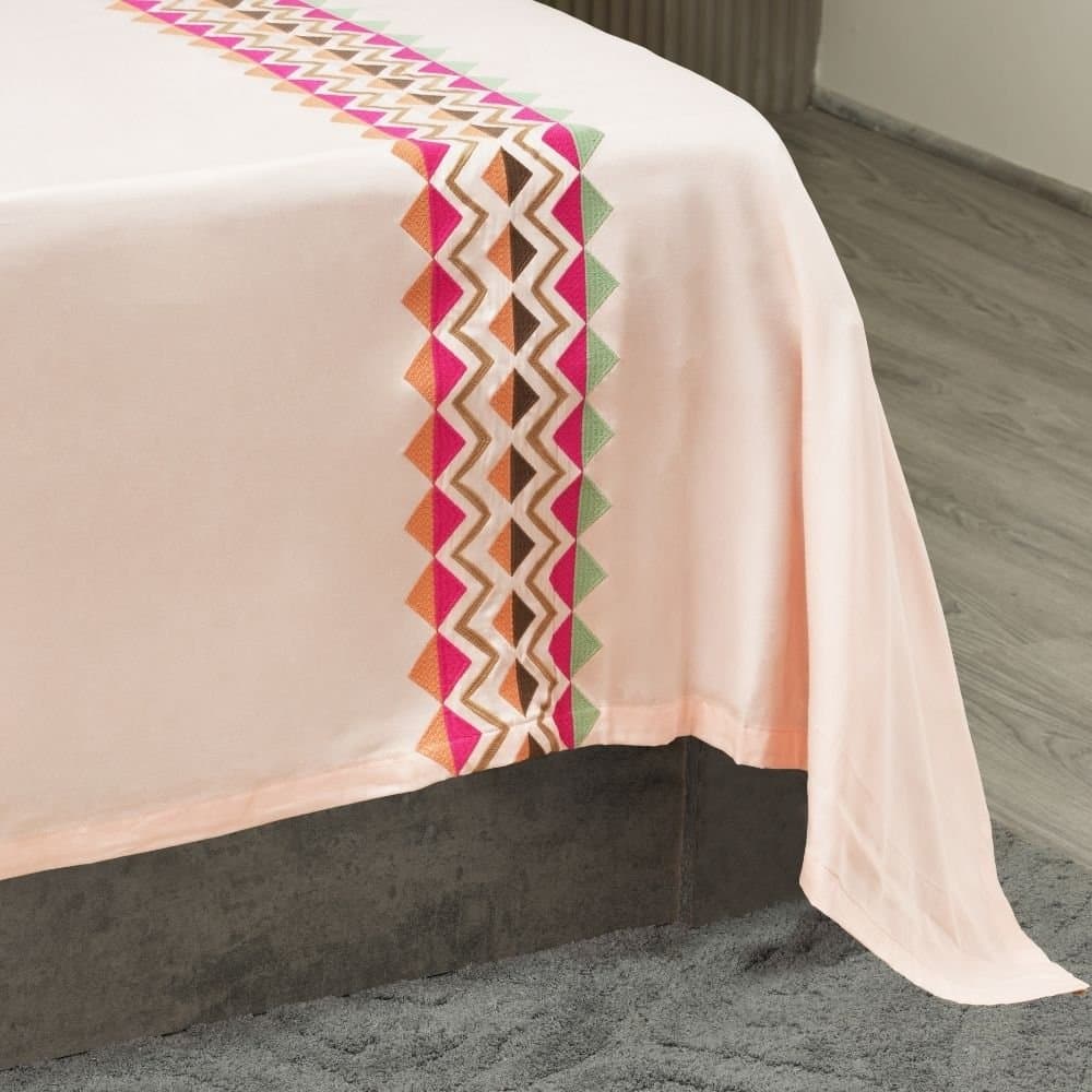 Boho Path Embroidered Bedsheet Set | Peony Blush | Designer Embroidery | 1 Bedsheet with 2 Pillow Covers | Luxury Bedroom Décor (108″x108″/274cmx274cm) view 4