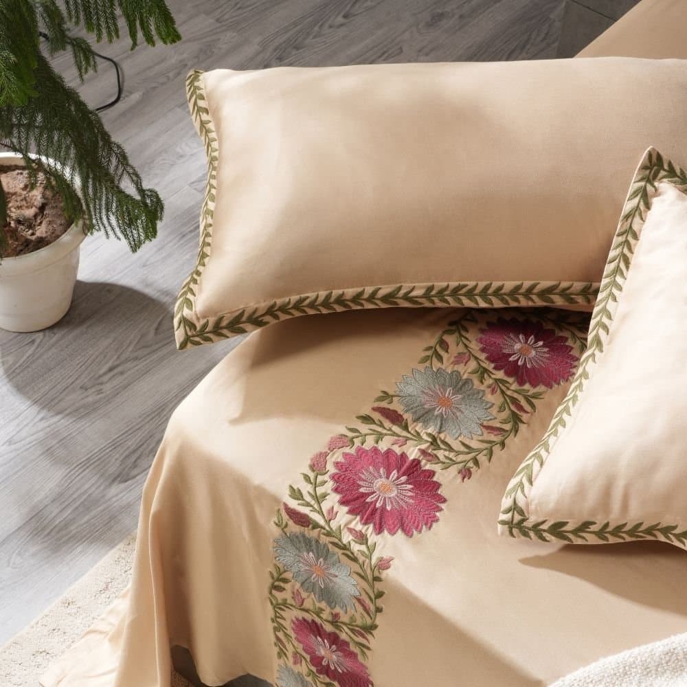 Floral Fiesta Embroidered Bedsheet Set | Cashmere Beige | Designer Embroidery | 1 Bedsheet with 2 Pillow Covers | Luxury Bedroom Décor (108″x108″/274cmx274cm)