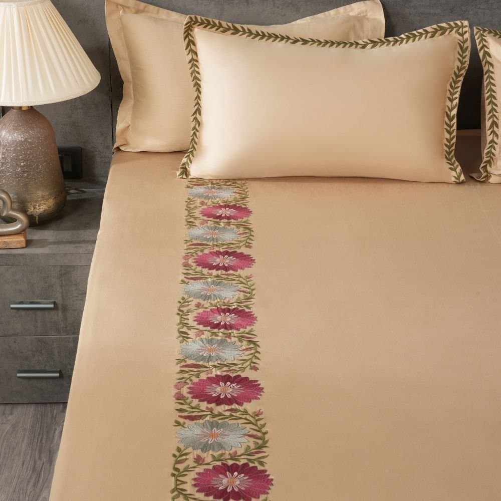 Floral Fiesta Embroidered Bedsheet Set | Cashmere Beige | Designer Embroidery | 1 Bedsheet with 2 Pillow Covers | Luxury Bedroom Décor (108″x108″/274cmx274cm) view 2