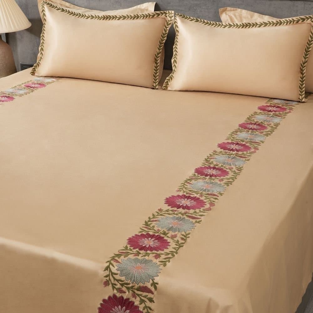 Floral Fiesta Embroidered Bedsheet Set | Cashmere Beige | Designer Embroidery | 1 Bedsheet with 2 Pillow Covers | Luxury Bedroom Décor (108″x108″/274cmx274cm) view 3
