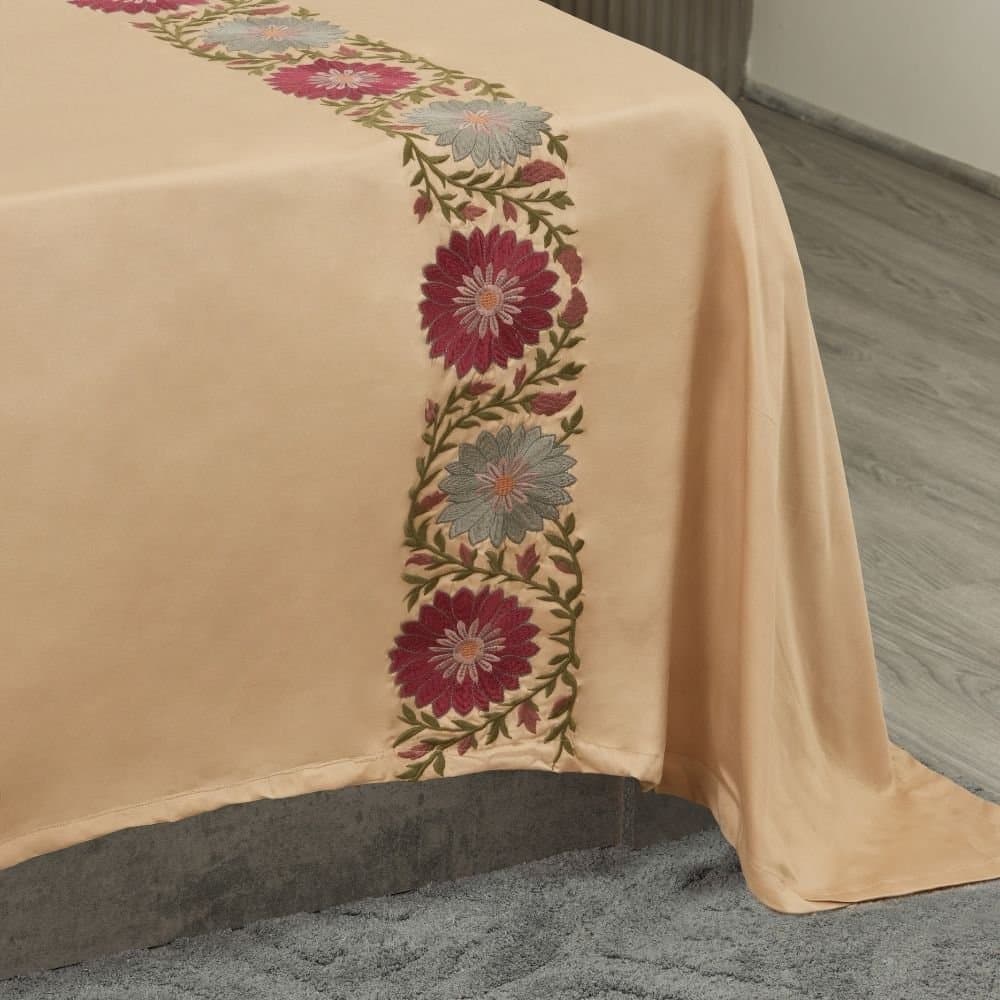 Floral Fiesta Embroidered Bedsheet Set | Cashmere Beige | Designer Embroidery | 1 Bedsheet with 2 Pillow Covers | Luxury Bedroom Décor (108″x108″/274cmx274cm) view 4