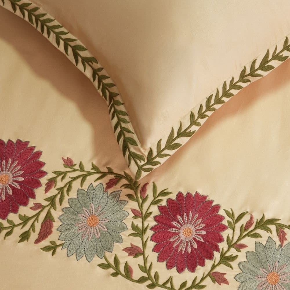 Floral Fiesta Embroidered Bedsheet Set | Cashmere Beige | Designer Embroidery | 1 Bedsheet with 2 Pillow Covers | Luxury Bedroom Décor (108″x108″/274cmx274cm) view 5