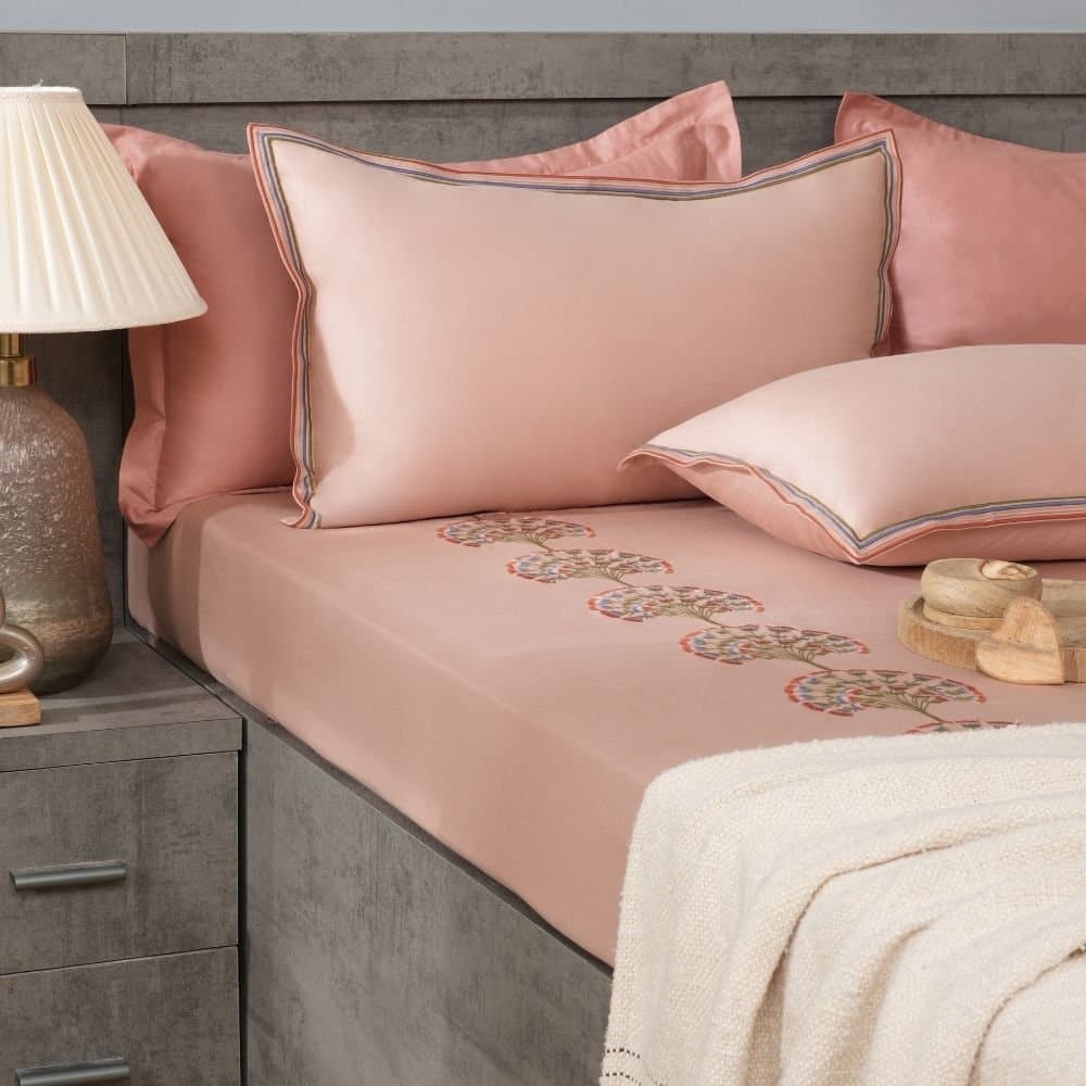 Floral Fanfare Embroidered Bedsheet Set | Chempange Rose | Designer Embroidery | 1 Bedsheet with 2 Pillow Covers | Luxury Bedroom Décor (108″x108″/274cmx274cm)