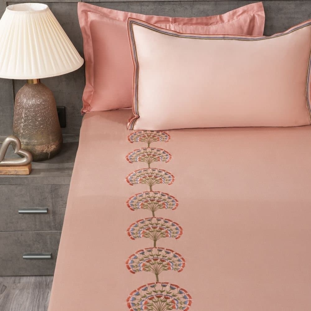 Floral Fanfare Embroidered Bedsheet Set | Chempange Rose | Designer Embroidery | 1 Bedsheet with 2 Pillow Covers | Luxury Bedroom Décor (108″x108″/274cmx274cm) view 2