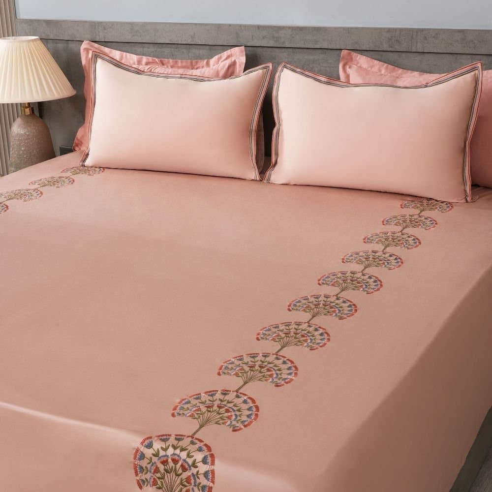 Floral Fanfare Embroidered Bedsheet Set | Chempange Rose | Designer Embroidery | 1 Bedsheet with 2 Pillow Covers | Luxury Bedroom Décor (108″x108″/274cmx274cm) view 3