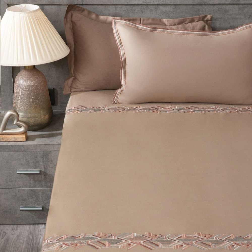 Woven Harmony Embroidered Bedsheet Set | Cashmere Beige | Designer Embroidery | 1 Bedsheet with 2 Pillow Covers | Luxury Bedroom Décor (108″x108″/274cmx274cm) view 2