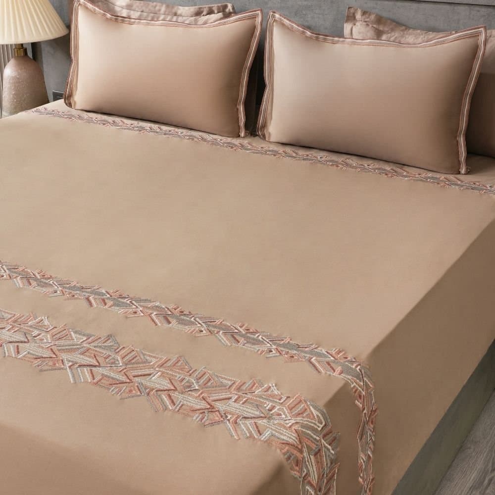Woven Harmony Embroidered Bedsheet Set | Cashmere Beige | Designer Embroidery | 1 Bedsheet with 2 Pillow Covers | Luxury Bedroom Décor (108″x108″/274cmx274cm) view 3