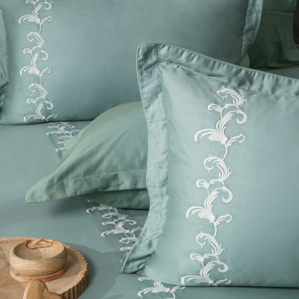 Willow Crest Embroidered Bedsheet Set | Pastel Aqua | Designer Embroidery | 1 Bedsheet with 2 Pillow Covers | Luxury Bedroom Décor (108″x108″/274cmx274cm)