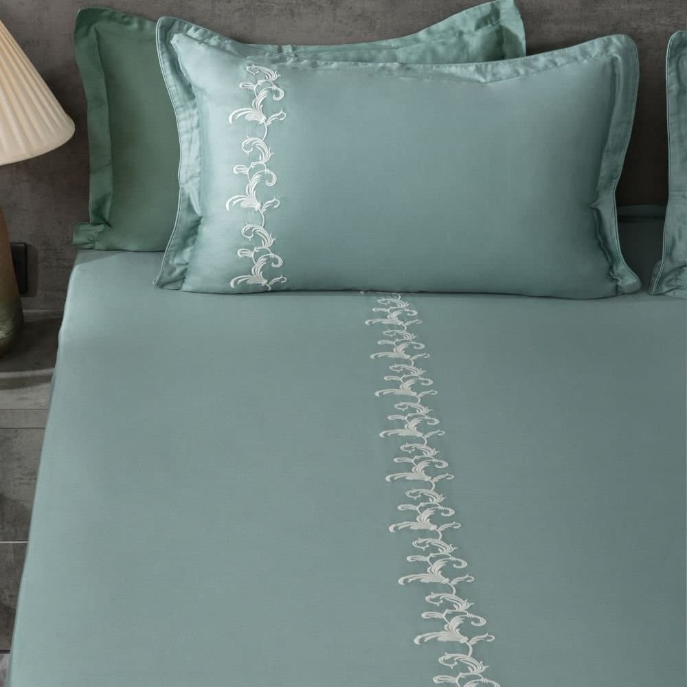 Willow Crest Embroidered Bedsheet Set | Pastel Aqua | Designer Embroidery | 1 Bedsheet with 2 Pillow Covers | Luxury Bedroom Décor (108″x108″/274cmx274cm) view 2