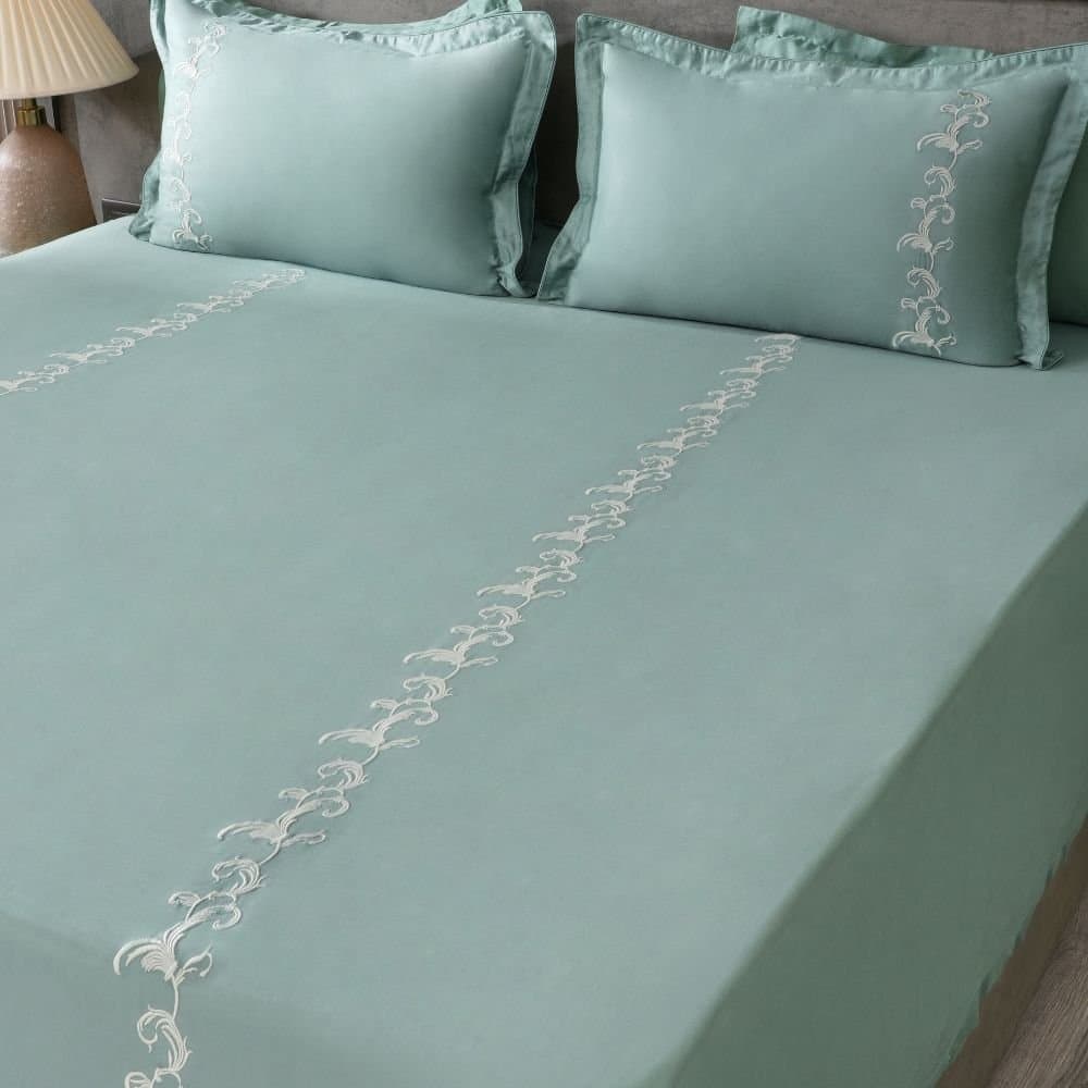Willow Crest Embroidered Bedsheet Set | Pastel Aqua | Designer Embroidery | 1 Bedsheet with 2 Pillow Covers | Luxury Bedroom Décor (108″x108″/274cmx274cm) view 3