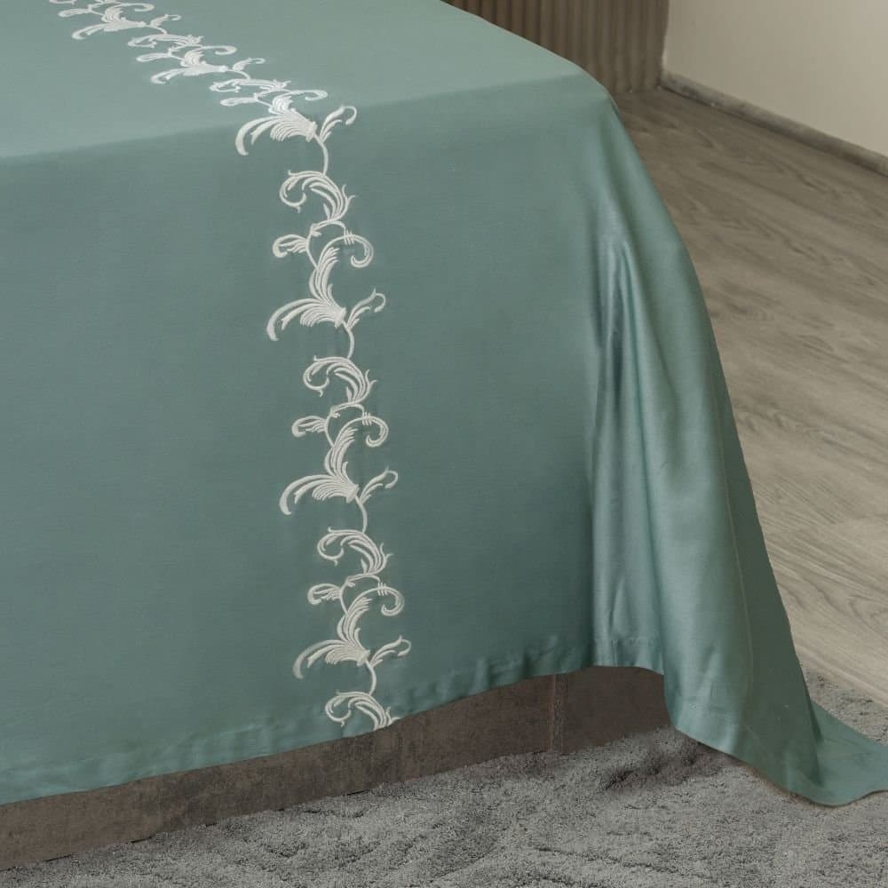 Willow Crest Embroidered Bedsheet Set | Pastel Aqua | Designer Embroidery | 1 Bedsheet with 2 Pillow Covers | Luxury Bedroom Décor (108″x108″/274cmx274cm) view 4