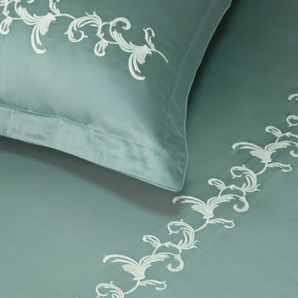 Willow Crest Embroidered Bedsheet Set | Pastel Aqua | Designer Embroidery | 1 Bedsheet with 2 Pillow Covers | Luxury Bedroom Décor (108″x108″/274cmx274cm) view 5