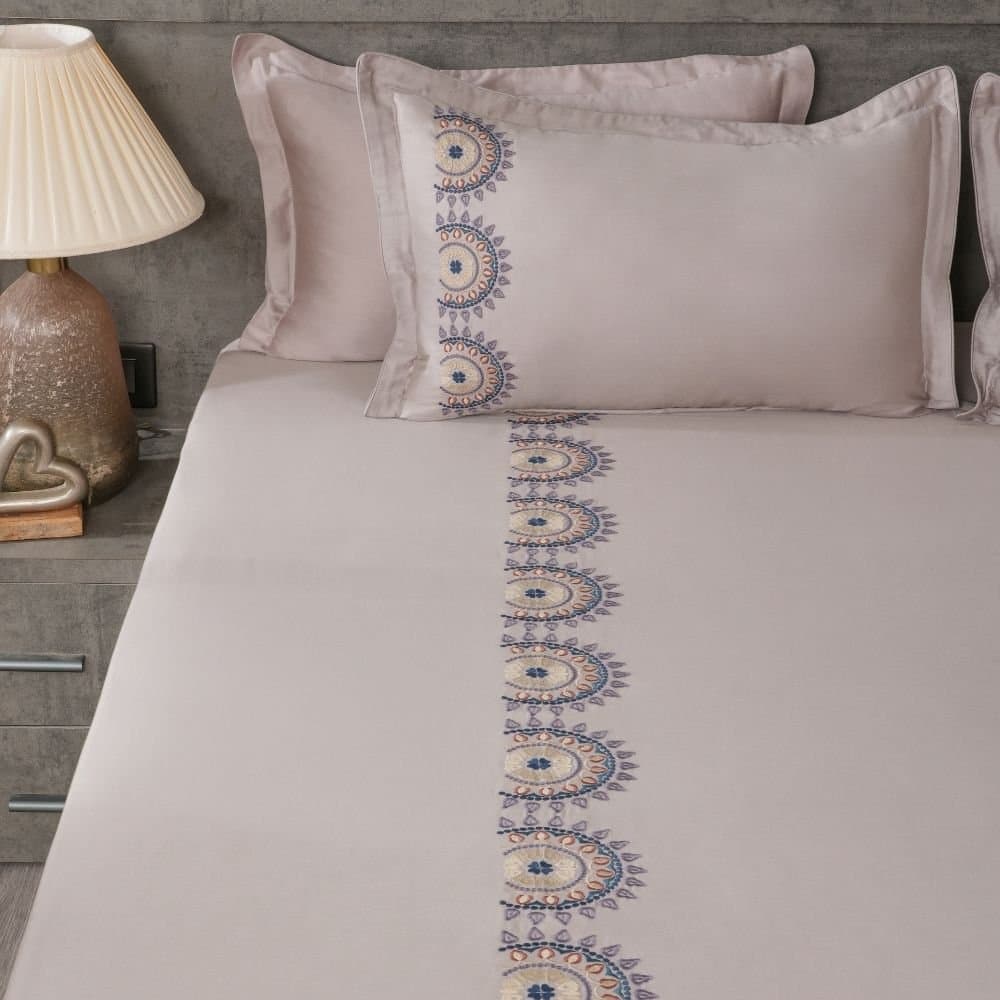 Royal Mandala Embroidered Bedsheet Set | Soft Grey | Designer Embroidery | 1 Bedsheet with 2 Pillow Covers | Luxury Bedroom Décor (108″x108″/274cmx274cm) view 2