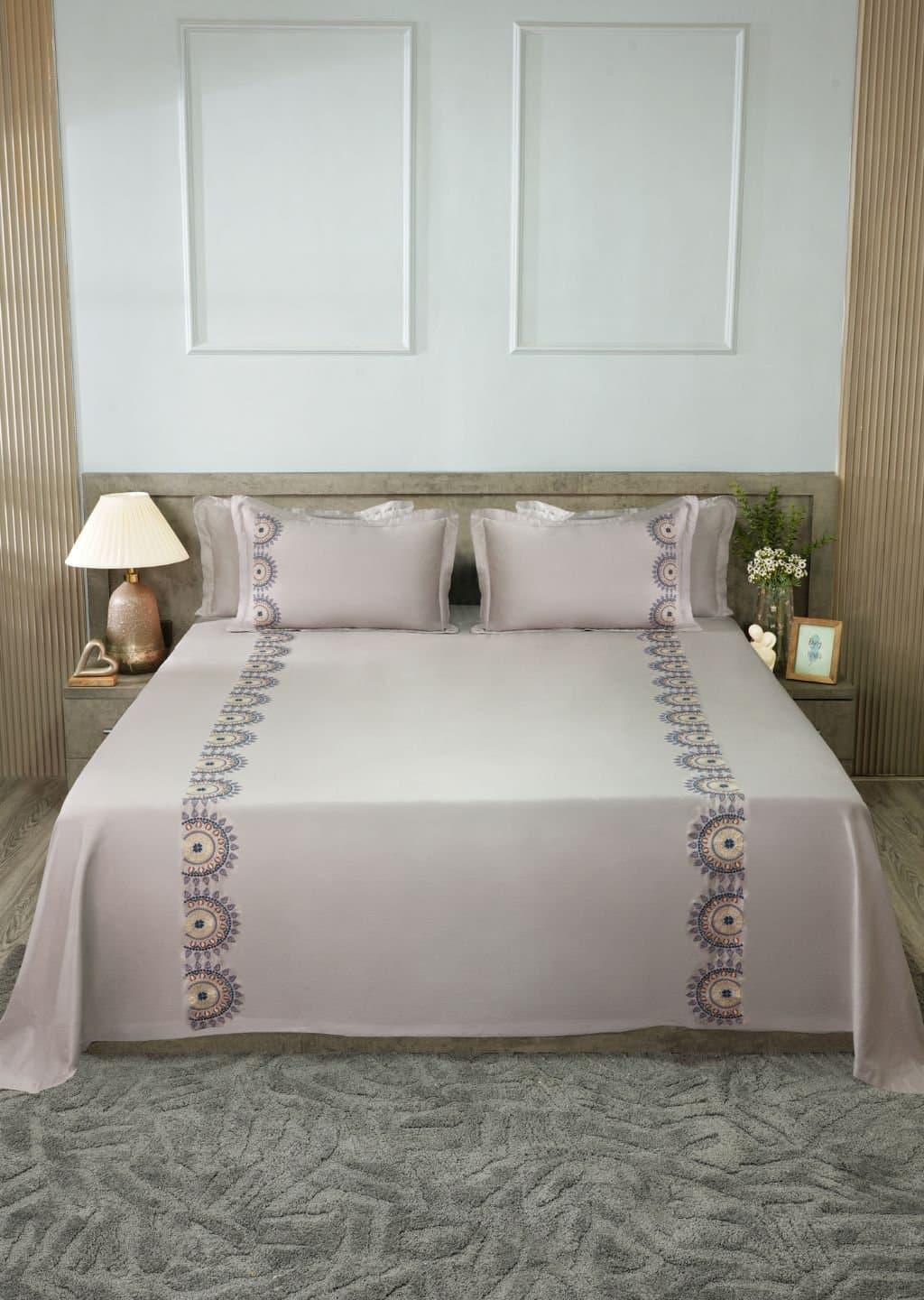 Royal Mandala Embroidered Bedsheet Set | Soft Grey | Designer Embroidery | 1 Bedsheet with 2 Pillow Covers | Luxury Bedroom Décor (108″x108″/274cmx274cm) view 2