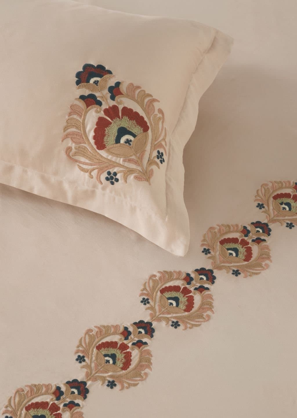 Mughal Grace Embroidered Bedsheet Set | Classic Sand | Designer Embroidery | 1 Bedsheet with 2 Pillow Covers | Luxury Bedroom Décor (108″x108″/274cmx274cm)
