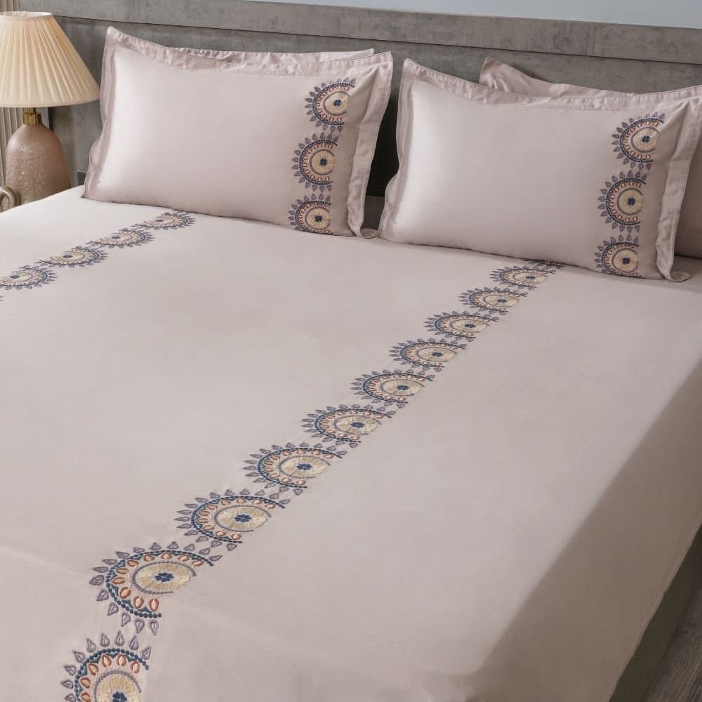Royal Mandala Embroidered Bedsheet Set | Soft Grey | Designer Embroidery | 1 Bedsheet with 2 Pillow Covers | Luxury Bedroom Décor (108″x108″/274cmx274cm) view 3