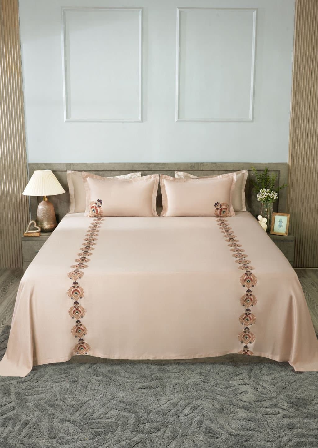 Mughal Grace Embroidered Bedsheet Set | Classic Sand | Designer Embroidery | 1 Bedsheet with 2 Pillow Covers | Luxury Bedroom Décor (108″x108″/274cmx274cm) view 3