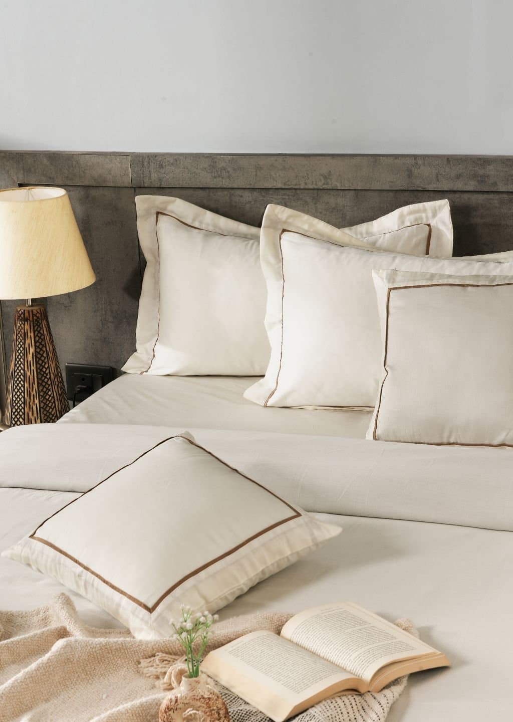 Bold Border 5PCS Set | Light Cream | 300TC | 1 Superking Bedsheet with 2 Pillow Covers | 2 Cushion Covers (108″x108″/274cmx274cm)