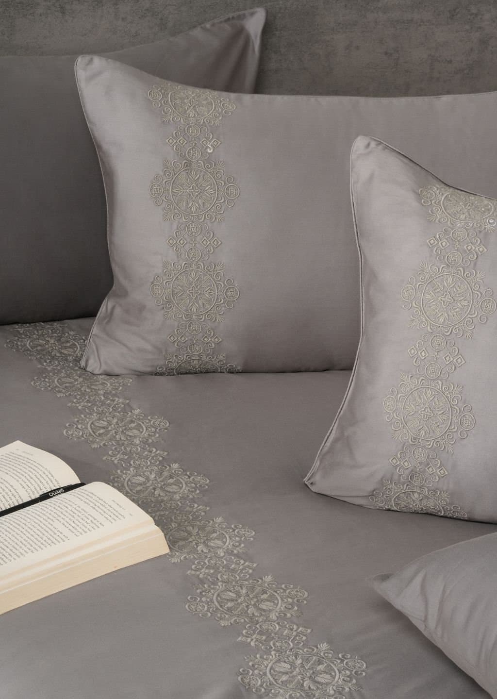 Sovereign Grace Embroidered Bedsheet Set | Deep Grey | Designer Embroidery | 1 Bedsheet with 2 Pillow Covers | Luxury Bedroom Décor (108″x108″/274cmx274cm)