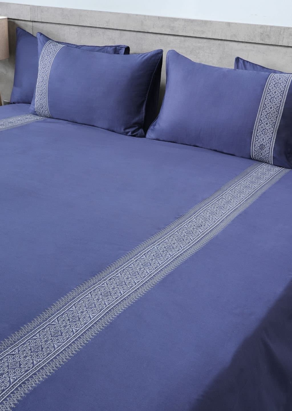 Royal Crest Embroidered Bedsheet Set | Royal Navy | Designer Embroidery | 1 Bedsheet with 2 Pillow Covers | Luxury Bedroom Décor (108″x108″/274cmx274cm) view 4