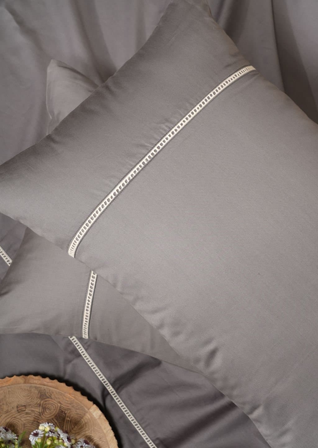 Laceframe Collection 400TC Bedsheet Set | Deep Grey | 1 Bedsheet with 2 Pillow Covers | Luxury Bedroom Décor (108″x108″/274cmx274cm)