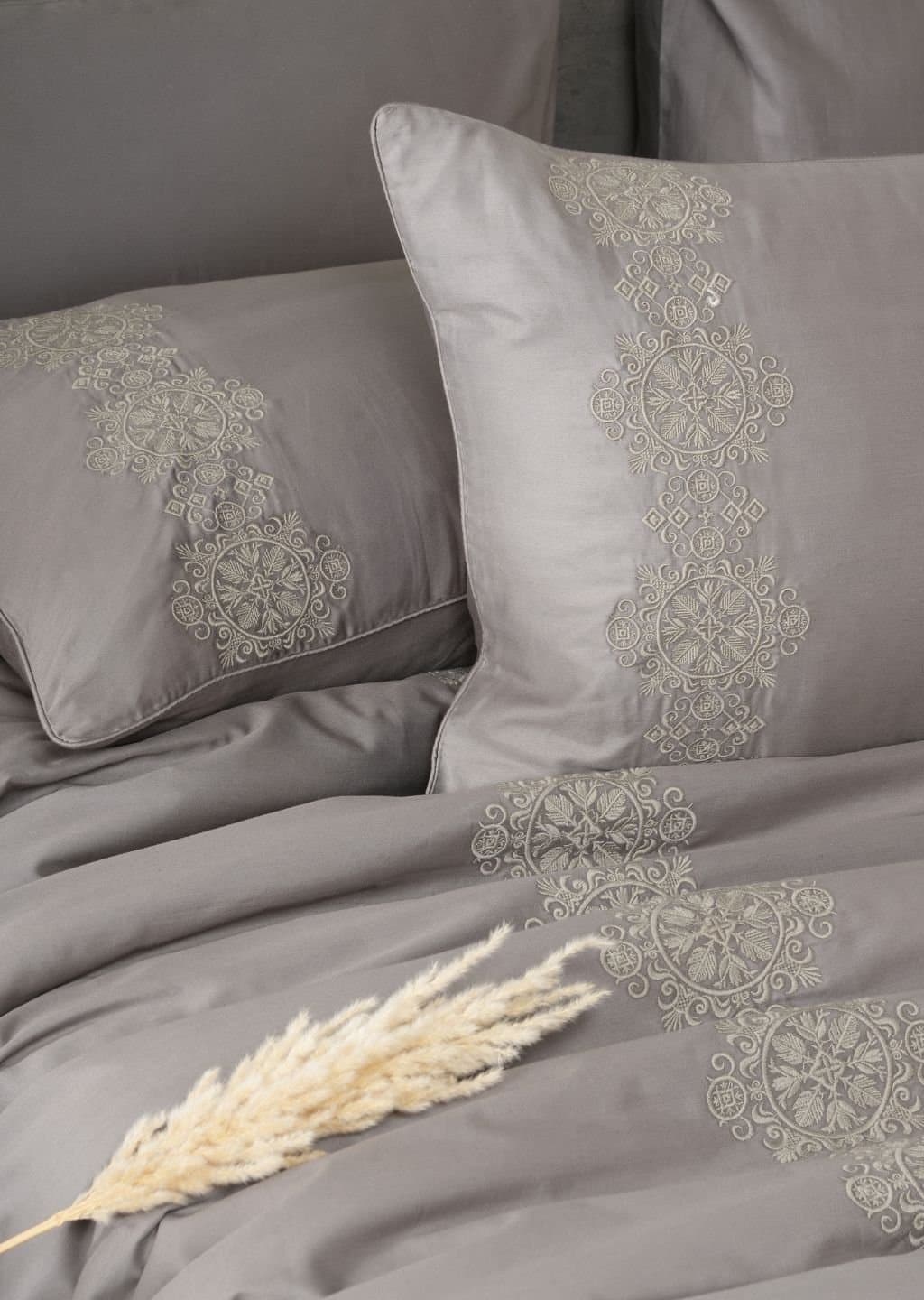 Sovereign Grace Embroidered Bedsheet Set | Deep Grey | Designer Embroidery | 1 Bedsheet with 2 Pillow Covers | Luxury Bedroom Décor (108″x108″/274cmx274cm) view 2