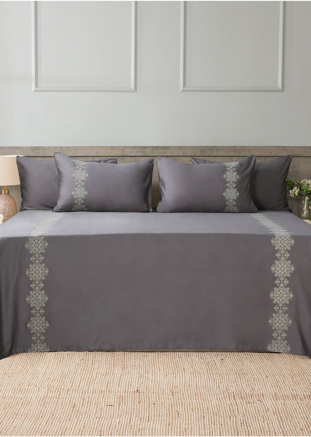 Sovereign Grace Embroidered Bedsheet Set | Deep Grey | Designer Embroidery | 1 Bedsheet with 2 Pillow Covers | Luxury Bedroom Décor (108″x108″/274cmx274cm) view 3