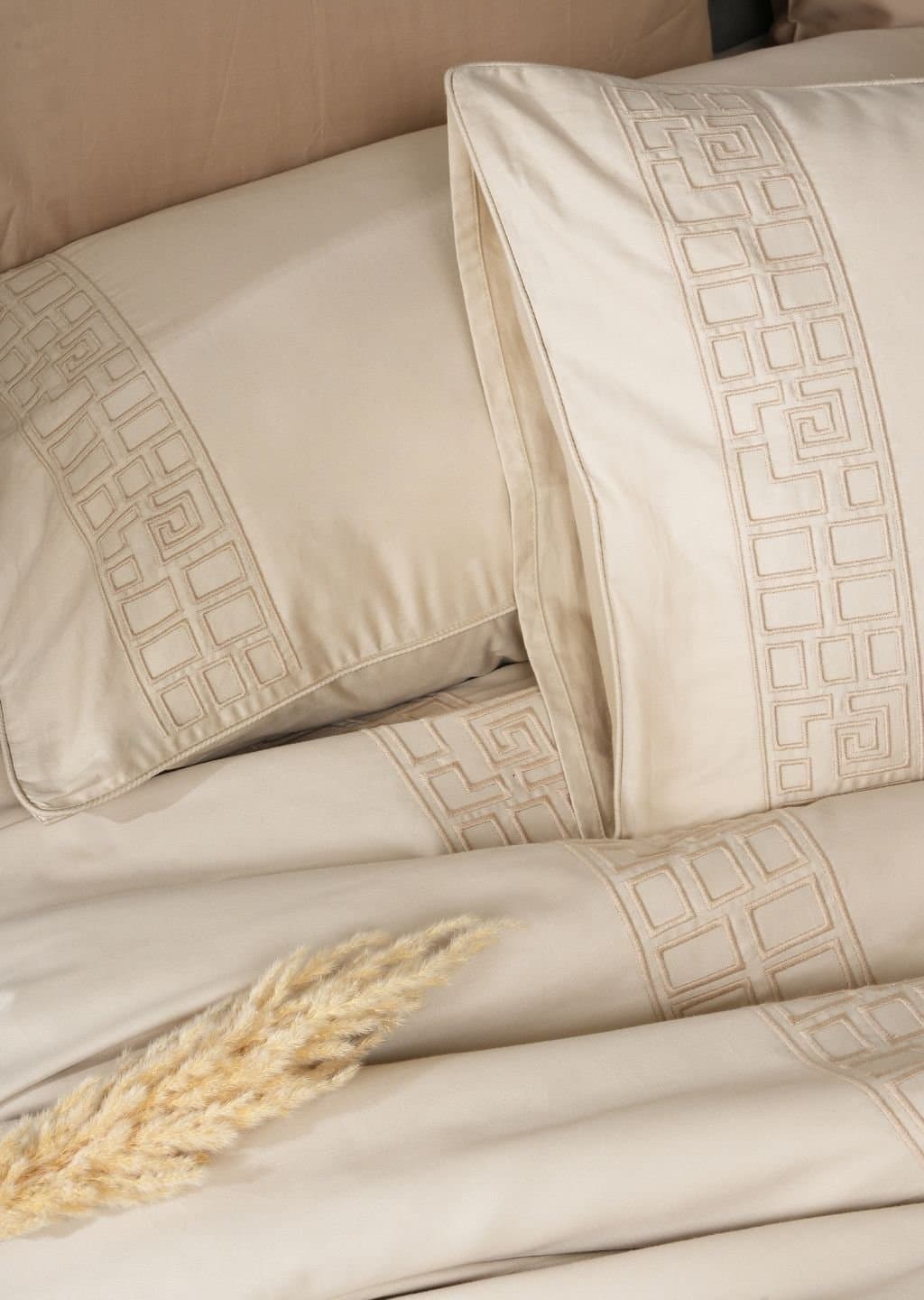 Quiet Geometry Embroidered Bedsheet Set | Soft Pearl | Designer Embroidery | 1 Bedsheet with 2 Pillow Covers | Luxury Bedroom Décor (108″x108″/274cmx274cm)