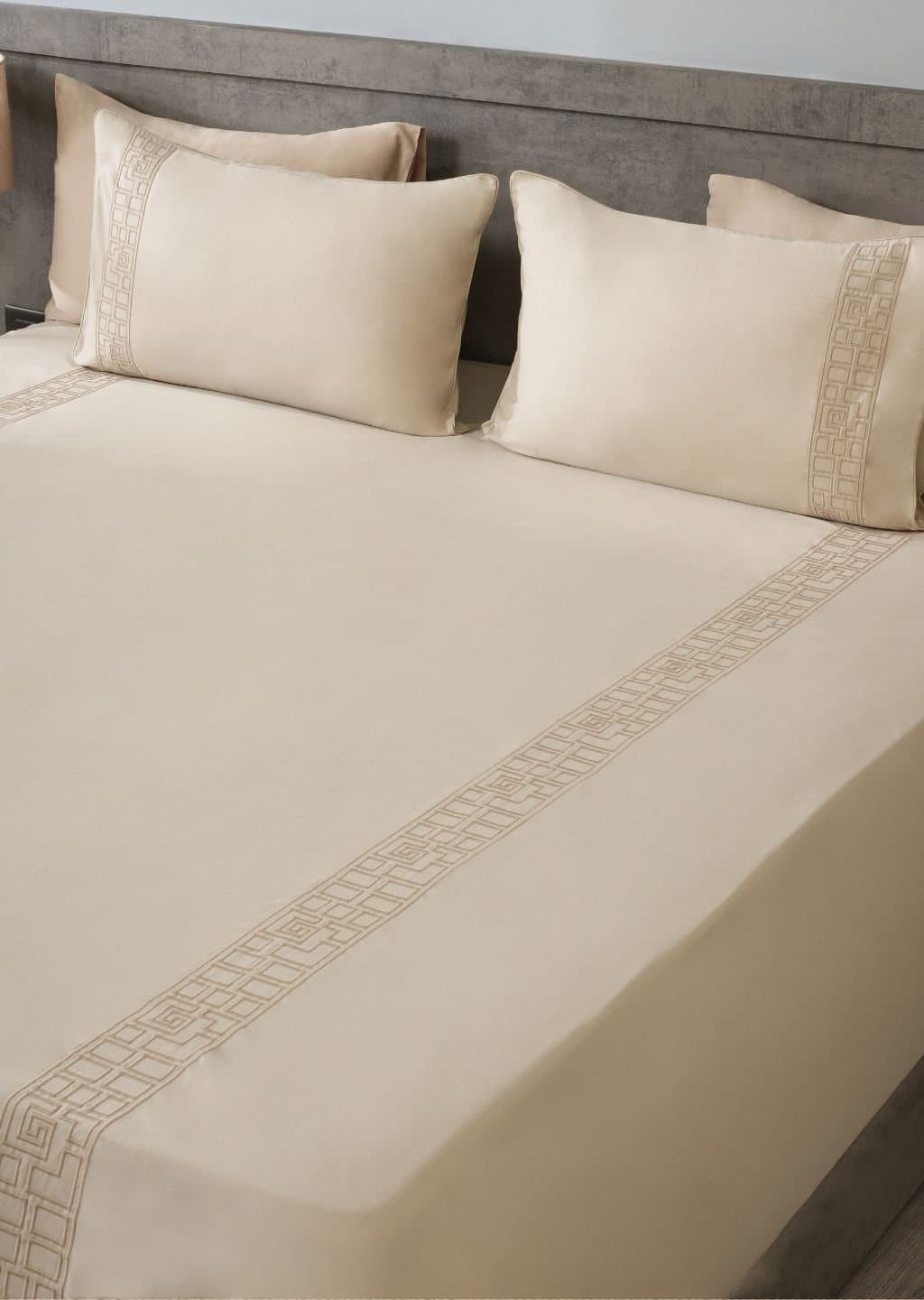 Quiet Geometry Embroidered Bedsheet Set | Soft Pearl | Designer Embroidery | 1 Bedsheet with 2 Pillow Covers | Luxury Bedroom Décor (108″x108″/274cmx274cm) view 4