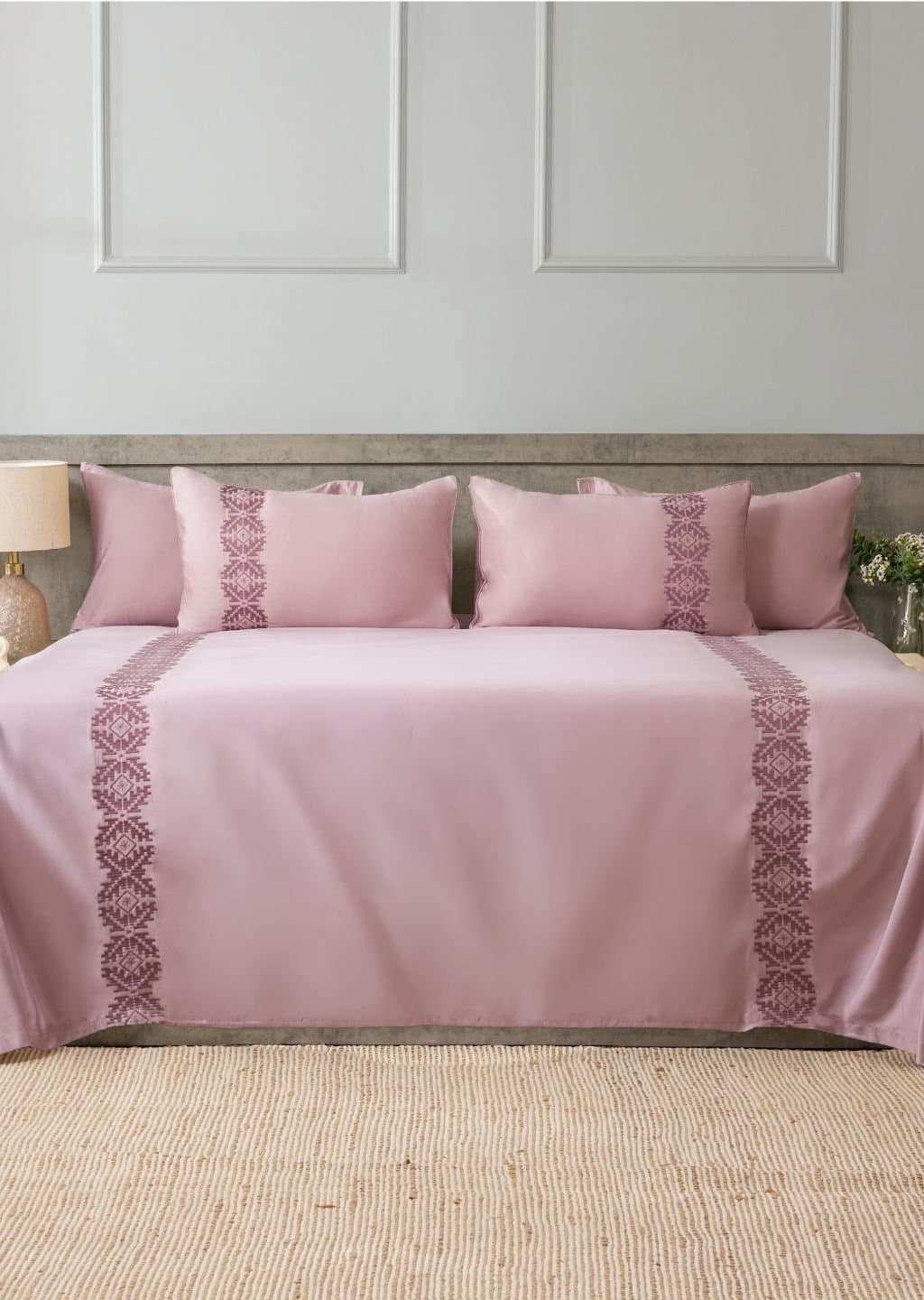 Amara Weave Embroidered Bedsheet Set | Muted Rose | Designer Embroidery | 1 Bedsheet with 2 Pillow Covers | Luxury Bedroom Décor (108″x108″/274cmx274cm) view 3