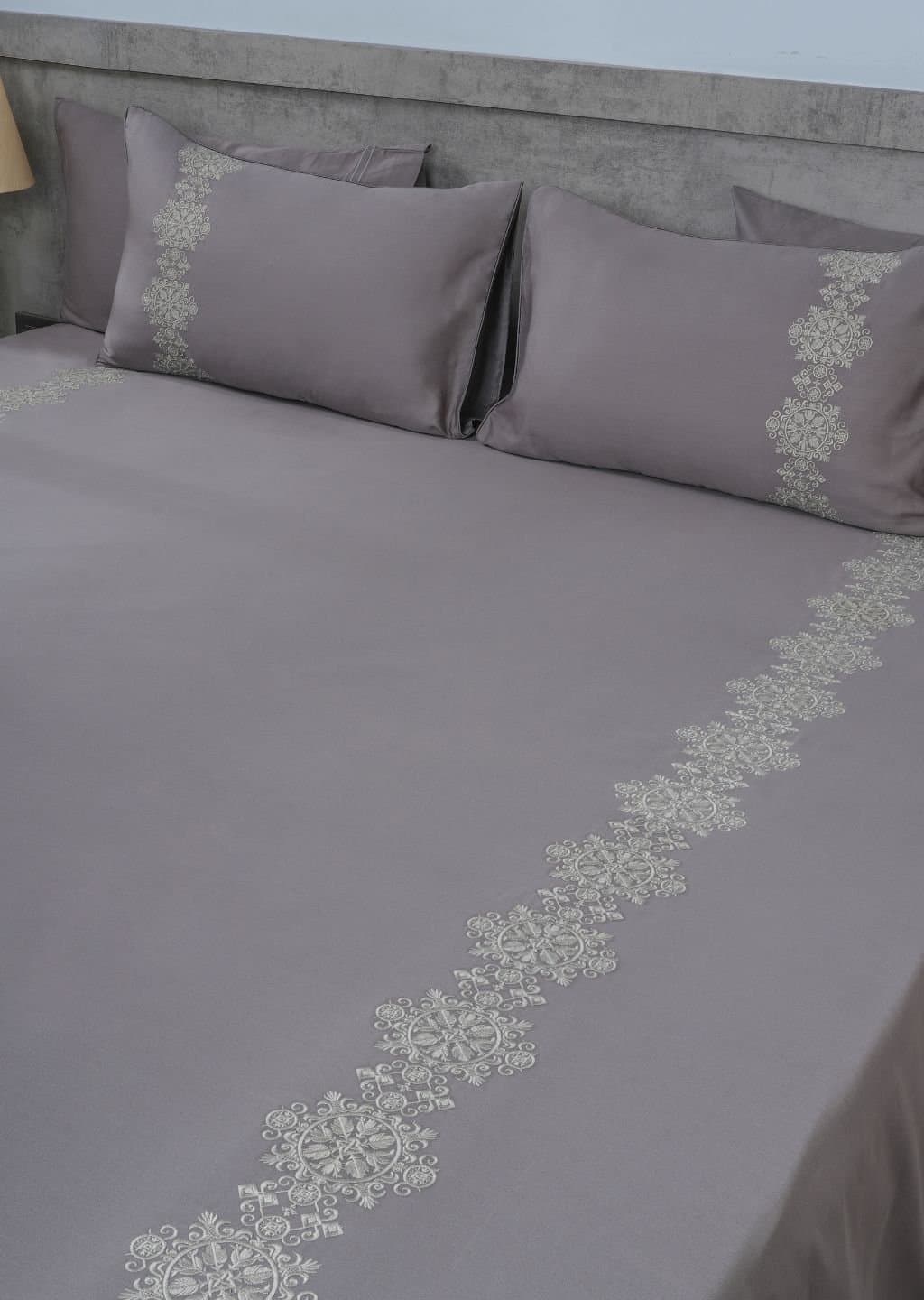 Sovereign Grace Embroidered Bedsheet Set | Deep Grey | Designer Embroidery | 1 Bedsheet with 2 Pillow Covers | Luxury Bedroom Décor (108″x108″/274cmx274cm) view 4