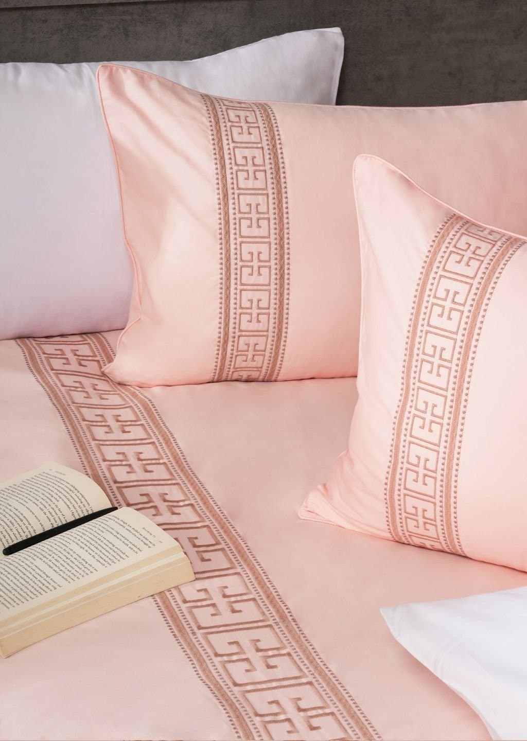 Elysian Border Embroidered Bedsheet Set | Peony Blush | Designer Embroidery | 1 Bedsheet with 2 Pillow Covers | Luxury Bedroom Décor (108″x108″/274cmx274cm) view 2