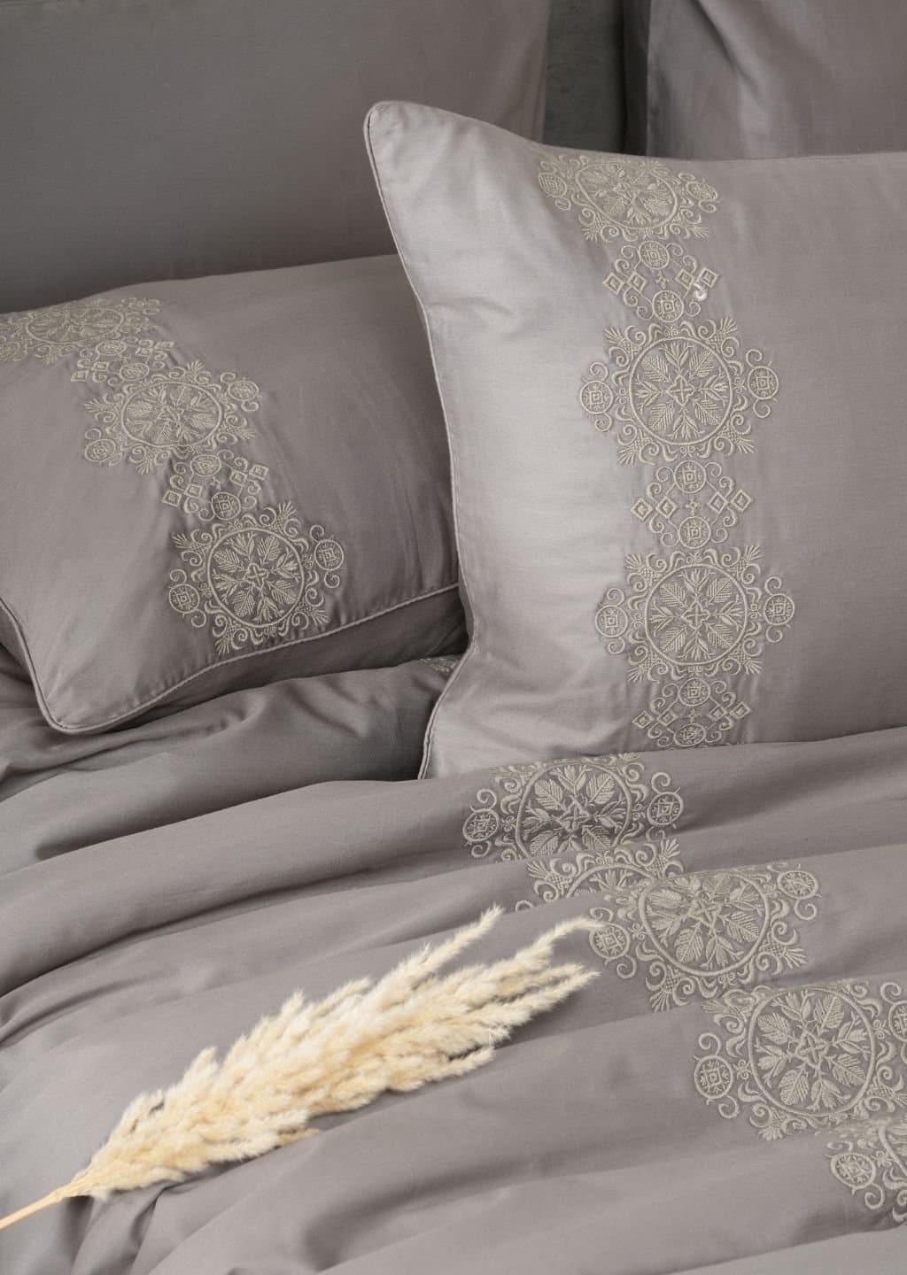 Sovereign Grace Embroidered Bedsheet Set | Deep Grey | Designer Embroidery | 1 Bedsheet with 2 Pillow Covers | Luxury Bedroom Décor (108″x108″/274cmx274cm)
