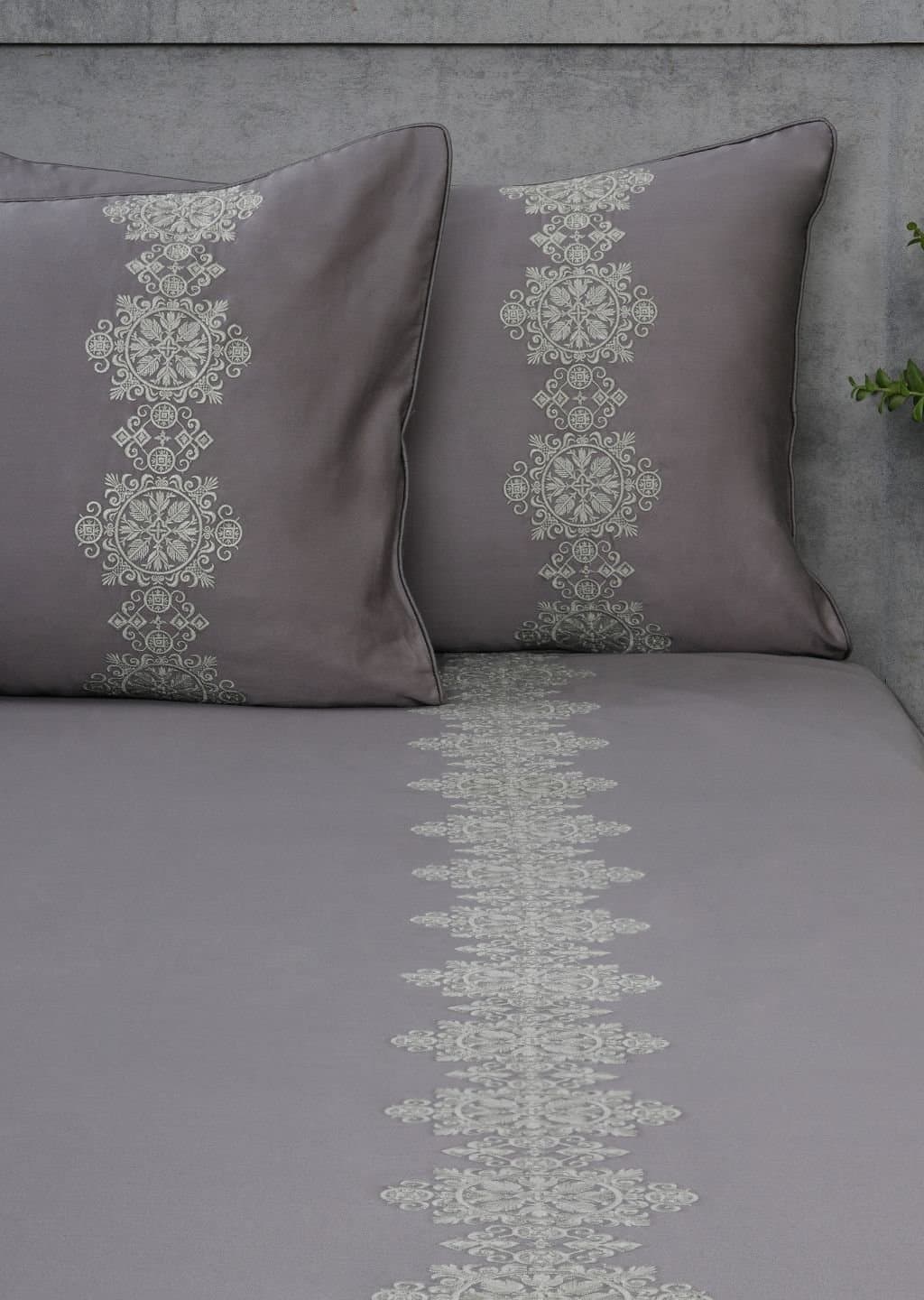 Sovereign Grace Embroidered Bedsheet Set | Deep Grey | Designer Embroidery | 1 Bedsheet with 2 Pillow Covers | Luxury Bedroom Décor (108″x108″/274cmx274cm) view 5