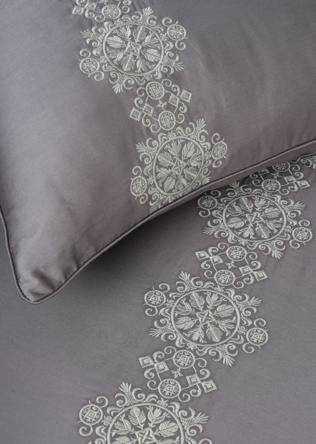 Sovereign Grace Embroidered Bedsheet Set | Deep Grey | Designer Embroidery | 1 Bedsheet with 2 Pillow Covers | Luxury Bedroom Décor (108″x108″/274cmx274cm) view 6