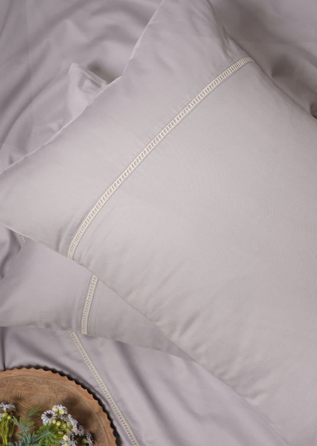 Laceframe Collection 400TC Bedsheet Set | Soft Grey | 1 Bedsheet with 2 Pillow Covers | Luxury Bedroom Décor (108″x108″/274cmx274cm)